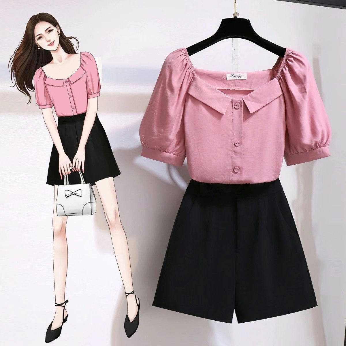 大码女装夏季套装女新款轻熟风洋气减龄衬衫